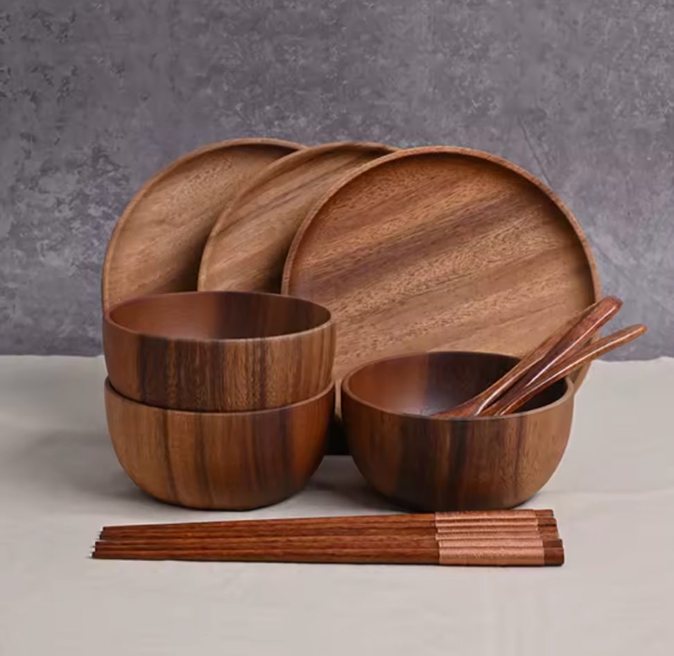 Bol en bois d’acacia rond de style rétro moderne